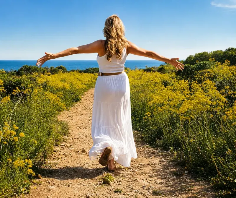 Woman walking through a flower-lined path with arms open